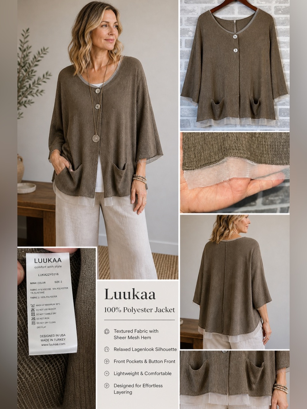Luukaa Textured Jacket Top Mesh Hem Lagenlook Women’s Size 10 Taupe Minimalist